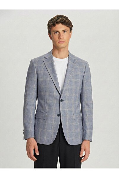 Sabri Özel Blue Slim Fit Cotton Mono Collar Checkered Casual Jacket