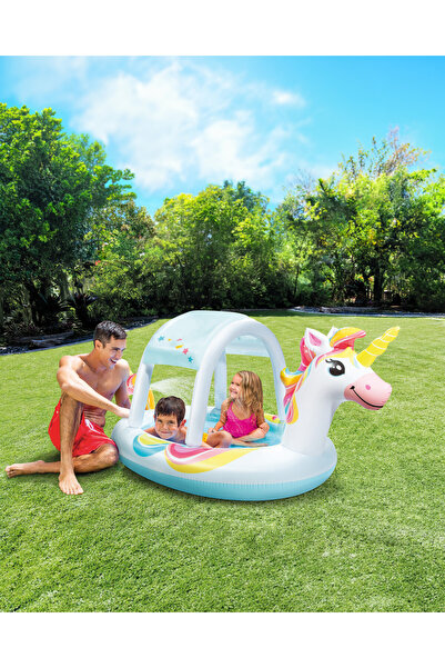 TOHA Intex Unicorn Fıskiyeli Şişme Çocuk Havuzu | Gölgelikli, Yumuşak Zeminli...