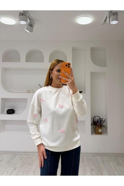 Trendingsize Modal Textured Sweatshirt with Heart Embroidery Detail