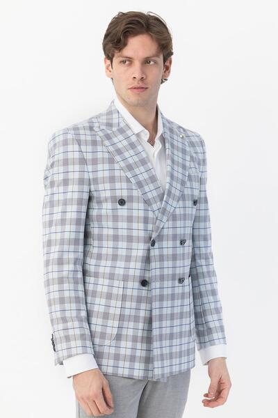 Sabri Özel Giotelli Blue Regular Fit Pointed Collar Double Breasted Plaid Cas...
