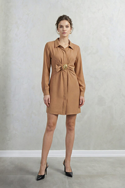 STELLA PULVIS Brown Accessory Detailed Above-Knee Crepe Dress