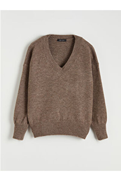 LC Waikiki M1 Sezon Beige V-Neck Oversized Women's Knitwear Sweater