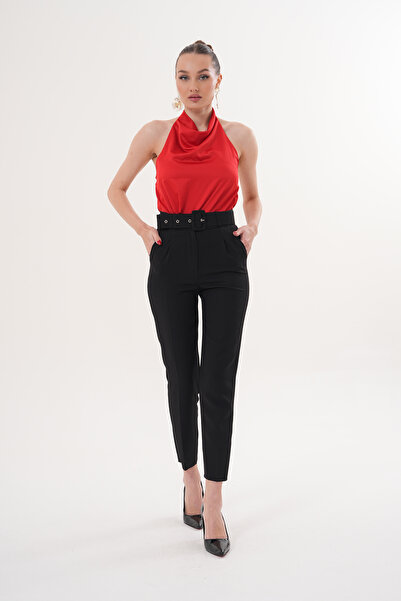 THE WOOW Women's Fabric Belted High Waist Pleated Carrot Cut Black Trousers