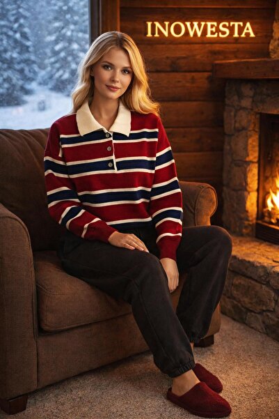 inowesta trend Women's Polo Collar Knitwear Sweatshirt and Winter Three-Stran...