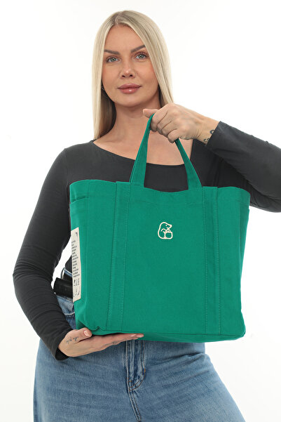 KOSTEBAG Yeşil-2 Renkli Nakışlı 340gr Gabardin Bez Çanta 34x31x14cm Çift Yan ...