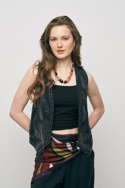 Orfeo Negro Women's Handcrafted Bead Embroidered Modal Crop Vest