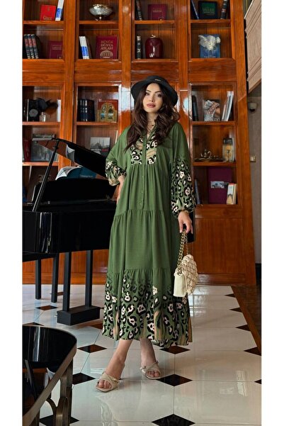 Cannes Yana Leopard Pattern Detailed Long Dress Khaki Dress