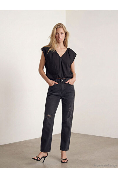 LC Waikiki Black Straight Fit Ripped Detailed Women's Jean Trousers