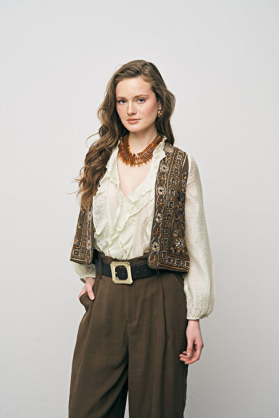 Orfeo Negro Vestă modală pentru femei, lucrată manual, cu mărgele și broderie