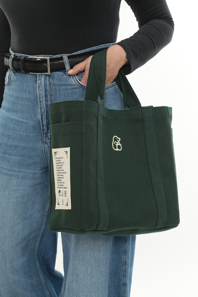 KOSTEBAG Green-1 Color Embroidered 340Gr Gabardine Fabric Bag 34X31X14Cm with Double Side Pockets, Inner Pocket and Lining