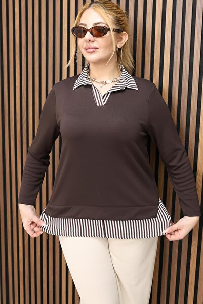Siyezen Plus Size Shirt Collar Striped Blouse