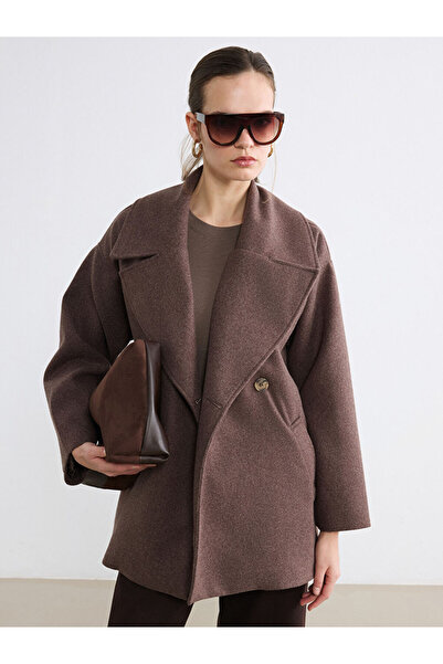 LC Waikiki Brown Double-Breasted Collar Women's Cashmere Coat