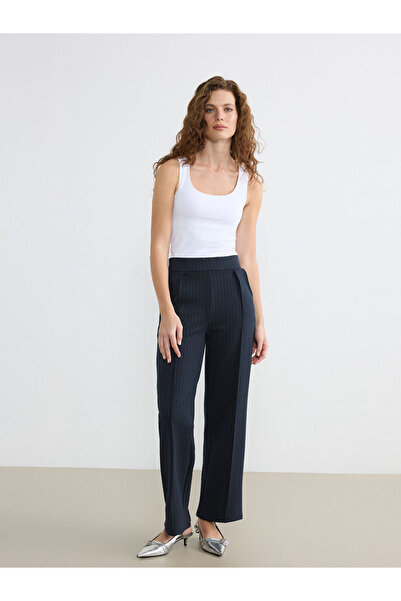 LC Waikiki Lcwaikiki Classic Navy Blue Wide Leg Striped Women's Fabric Trousers
