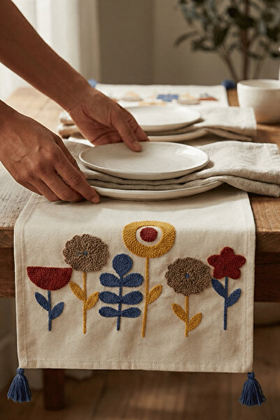 Destiva Home Covor decorativ din bumbac cu ciucuri albaștri, brodat cu model ...