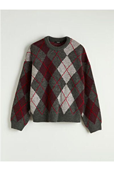 LC Waikiki Anthracite diamond patterned Oversized women's knit sweater