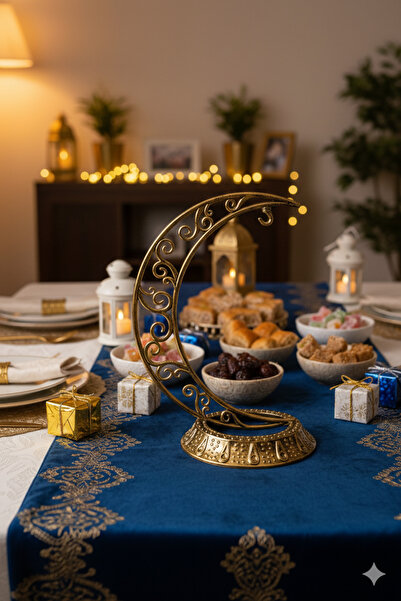DODOMAR 28 cm Ramazan Dekoratif Masa Üstü Hilal Eskitme Gold Plastik Tabanlı Süs