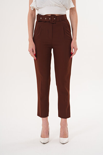THE WOOW Women's Fabric Belted High Waist Pleated Carrot Cut Brown Trousers