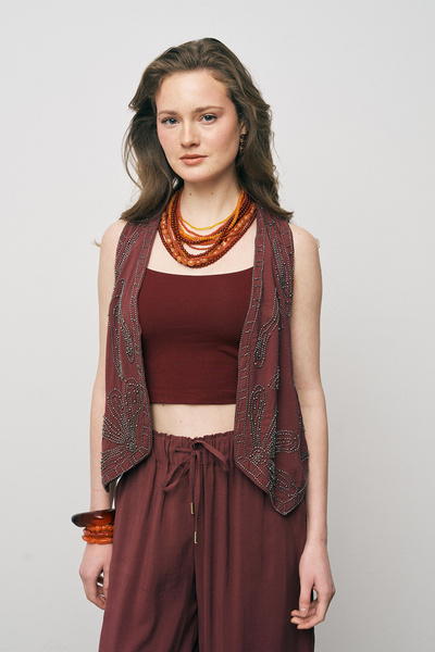 Orfeo Negro Women's Handcrafted Bead Embroidered Modal Crop Vest