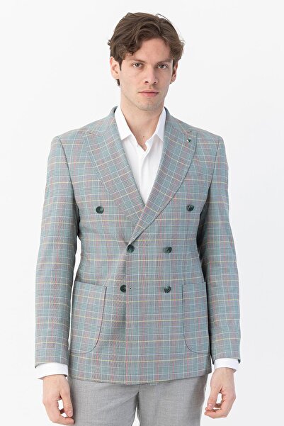 Sabri Özel Giotelli Green Regular Fit Pointed Collar Double Breasted Plaid Ca...