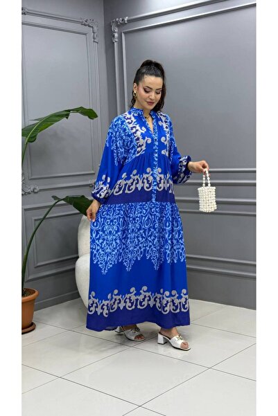 Cannes فستان كاريا فينتاج منقوش يومي أنيق باللون الأزرق الداكن على الطراز الب...