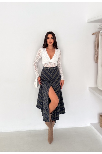 aselon Women's Belted Plaid Long Flared Skirt with Full Button Closure