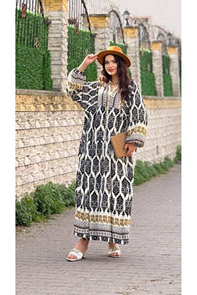 Cannes Şiya Ethnic Patterned Stand Collar Bohemian Dress White Dress