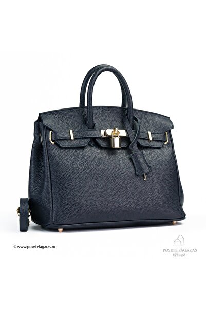 Posete Fagaras Edith Leather Purse - Navy Blue, Genuine Leather Office Bag, H...
