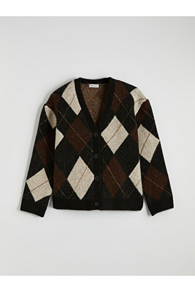 LC Waikiki Brown V-Neck Diamond Patterned Oversize Women's Knitwear Cardigan