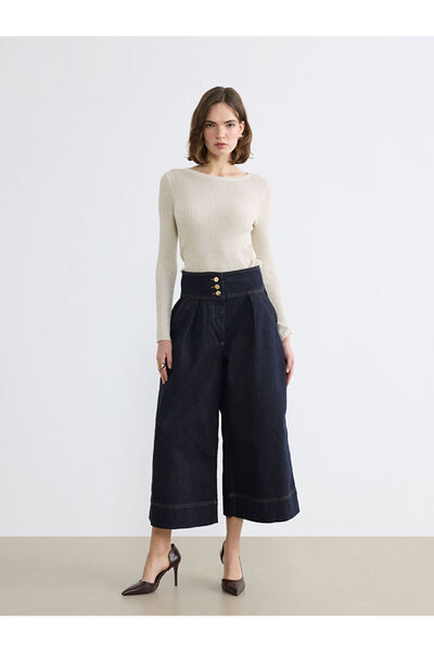 LC Waikiki Navy Blue High Waist Crop Wideleg Women's Jean Pants