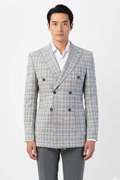 Sabri Özel Giotelli Açık Gri Regular Fit Sivri Yaka Kruvaze Ekose Casual Ceket