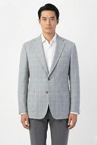 Sabri Özel Gri Regular Fit Pamuklu Mono Yaka Ekose Desenli Ceket
