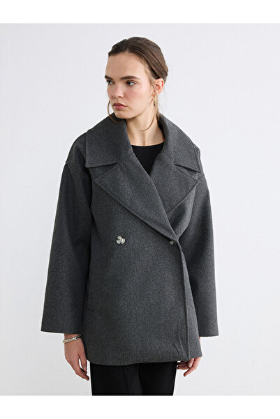 LC Waikiki Lcw Vision Anthracite Double-Breasted Collar Women's Melton Coat