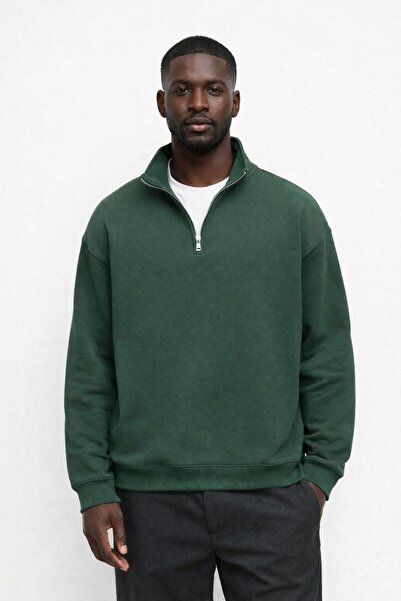 MCSPORT Unisex Relax Fit Rahat Kesim Pamuklu İçi Polarlı Yarım Fermuarlı Haki...