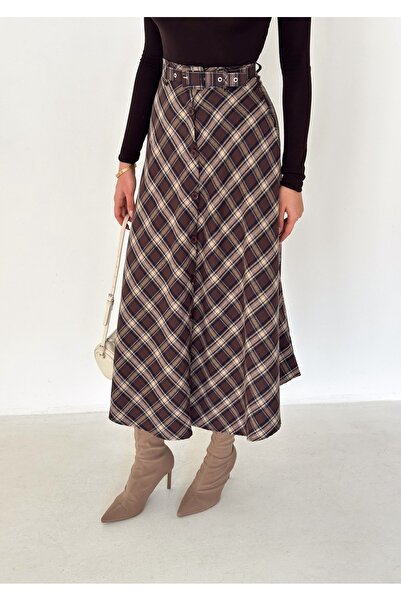 aselon Women's Belted Plaid Long Flared Skirt with Full Button Closure