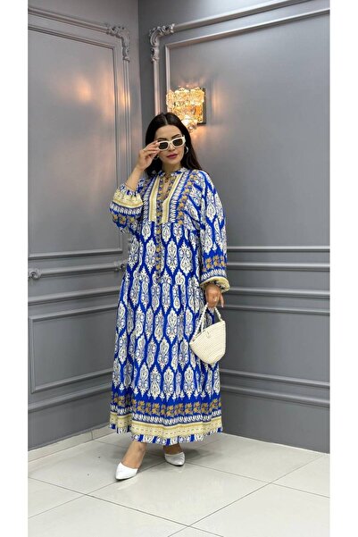 Cannes Şiya Ethnic Patterned Stand Collar Bohemian Dress Blue Dress