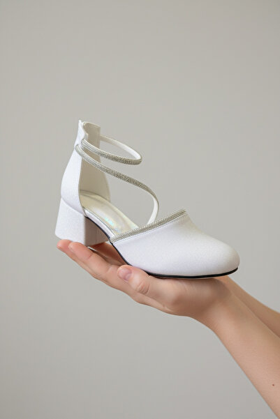 Adım Dünyası Women's Beige Glittery Short Block Heel Ankle Strap Stylish Even...