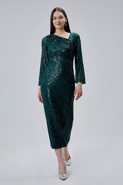 Asees Asimetrik Yaka Korsajlı Uzun Kollu Payet Abiye Elbise