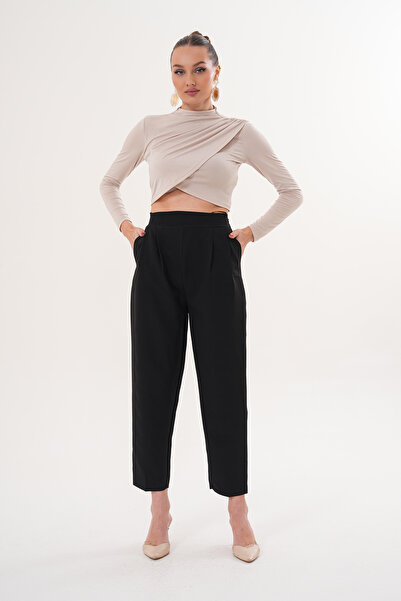 THE WOOW Women's High Waist Pleated Carrot Cut Black Pants