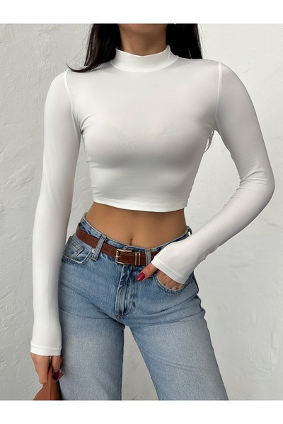 QUTTA Women's White Half Turtleneck Diver Fabric Long Sleeve Crop Blouse