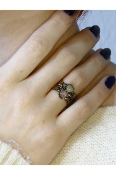 esha Double Citrine Pink Quartz Natural Stone Flower Motif Antique Women's Ad...