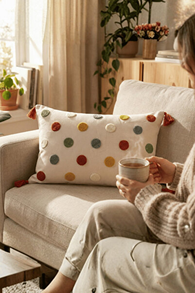 Destiva Home Husă de pernă decorativă brodată cu ciucuri, cu model colorat, d...