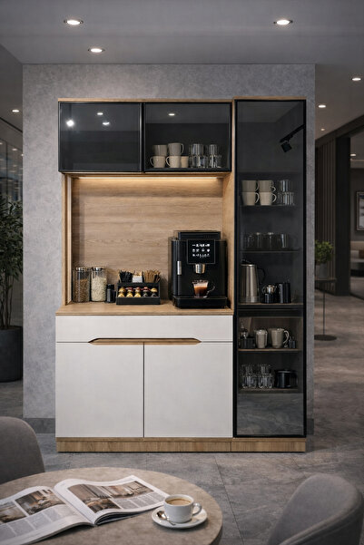 Eymense Modi Kahve Köşesi Mutfak Dolabı Camlı Çok Amaçlı Dolap Ledli Raflı 2 ...