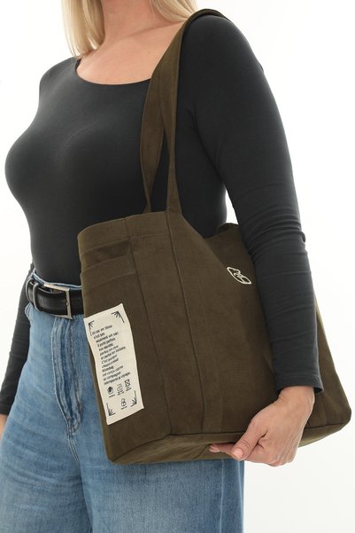 KOSTEBAG Vera Khaki Colored Embroidered 340Gr Gabardine Fabric Bag 34X31X14Cm with Double Side Pockets, Inner Pocket and Lining