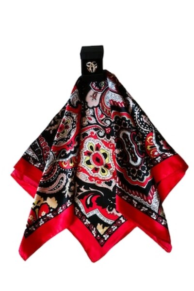 OEM Multicolored Satin Scarf 6, Paisley Print, with Golden Ring, 60 x 60 cm