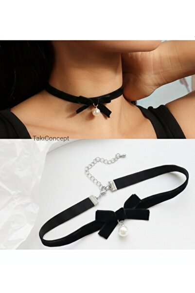 TakıConcept İnci Fiyonk Detaylı Kadife Choker Kadın Kolye
