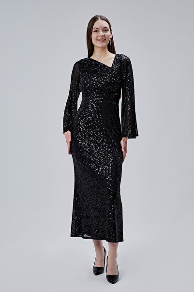 Asees Asimetrik Yaka Korsajlı Uzun Kollu Payet Abiye Elbise