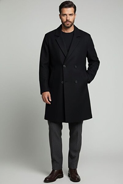 Sabri Özel Siyah Regular Fit Mono Yaka Yünlü Kaşe Kaban