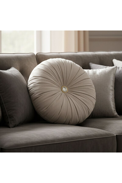 Ratemo Mobilya Lux Kadife Yuvarlak Taşlı Yastık – Gri Renk