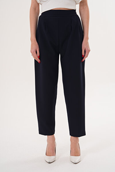 THE WOOW Women's High Waist Pleated Carrot Cut Navy Blue Trousers