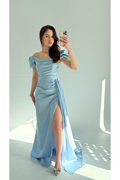 AYŞENUR DİNÇER Balon Kol Saten Abiye Bebe Mavisi